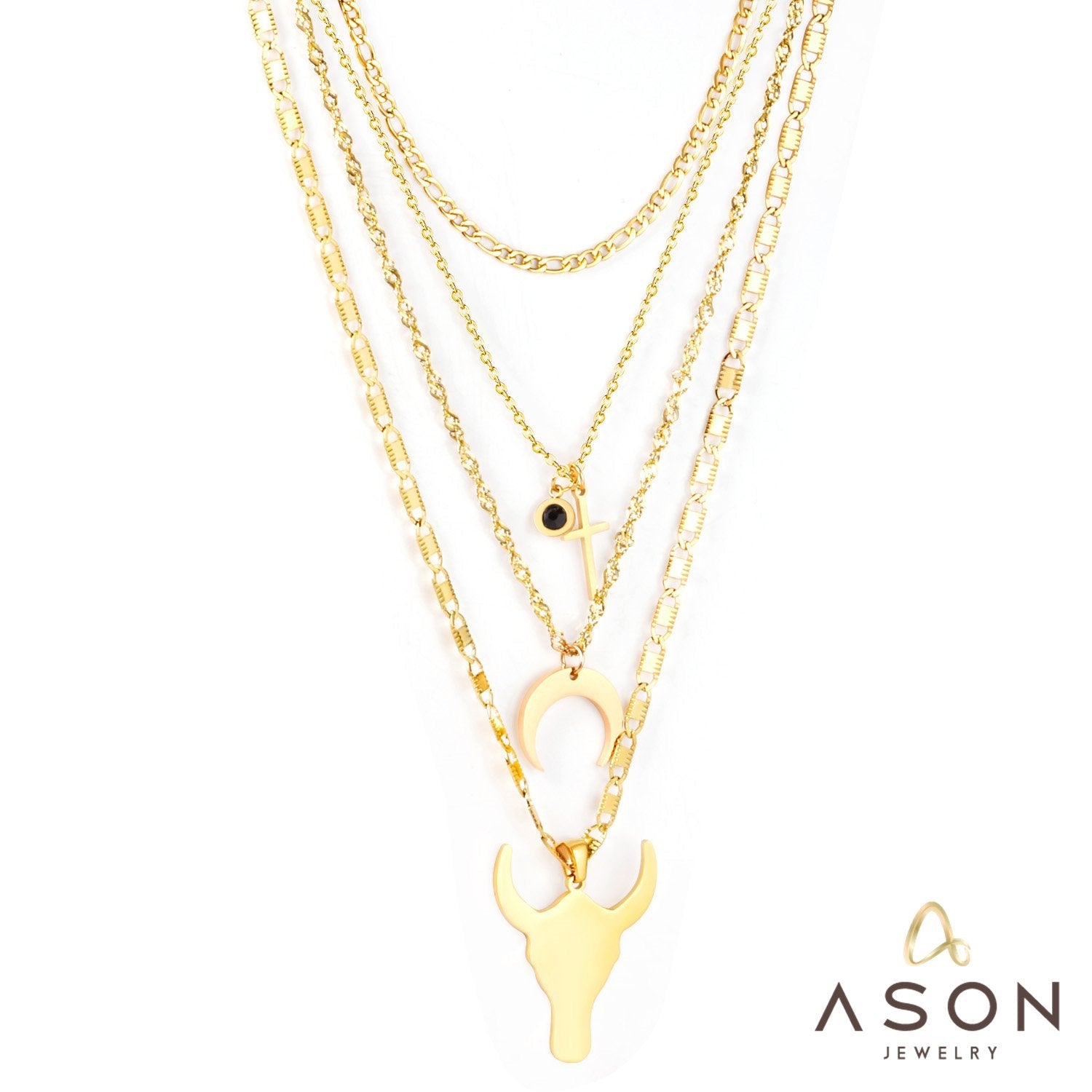 ASON Stainless Steel Gold Color Cross Moon Bull Head Pendant Multi Layer Necklace for Women Fashion Choker Jewelry asonjewelry